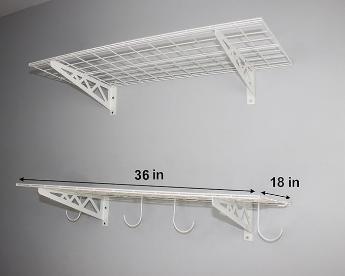 SafeRacks Wall Shelves - 2 Pk 18"x36" Wall Mountable Shelving Unit for Storage Rack, Pantry Shelves, Utility Shelving, Heavy Duty Shelves w/ 4 Versatile Accessory Hooks, 500lbs Capacity, White
