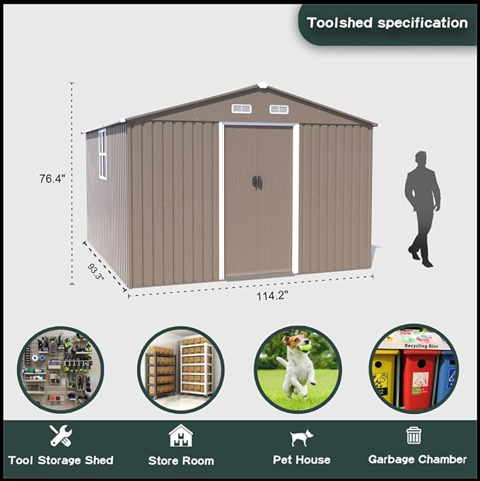 Kullavik 10FT x 8FT Outdoor Storage Shed with Window and Lockable Doors,Waterproof Metal Garden Tool Shed,Galvanized Steel shed for Backyard,Garden,Patio