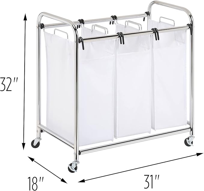 Honey-Can-Do SRT-01235 Heavy-Duty Triple Laundry Sorter, Chrome/White 70 lbs