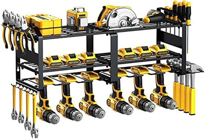 3-Tier Wall Mounted Power Tool Organizer, Heavy Duty Storage Rack, Tool Shelf for Garage & Workshop (3-Tier with 6 Slots)