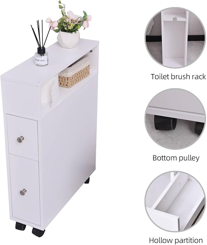Toilet Paper Storage, Small Bathroom Storage Cabinet, Toilet Paper Holder, Slide Out Drawers and Roller for Small Space, Narrow Floor Bathroom Organizer, White
