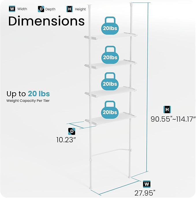 Home Zone Living Over-the-Toilet Organizer with Adjustable 4-Tier Shelves, Tension-Mounted Bathroom Storage Rack for Ceilings 91" to 114" High, White