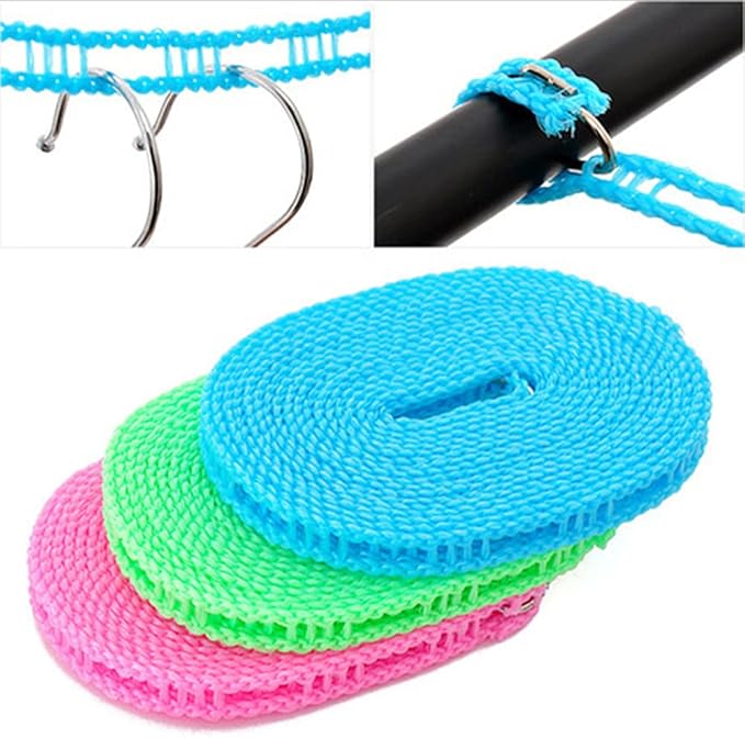 3 Pack of ALINNA Windproof Nylon Clothesline Pink Blue Green Colors Adjustable Clothes Drying Rope Travel Clothes Line Portable Laundry Line for Indoor Outdoor Camping Home Hotel(5m/16.4ft)