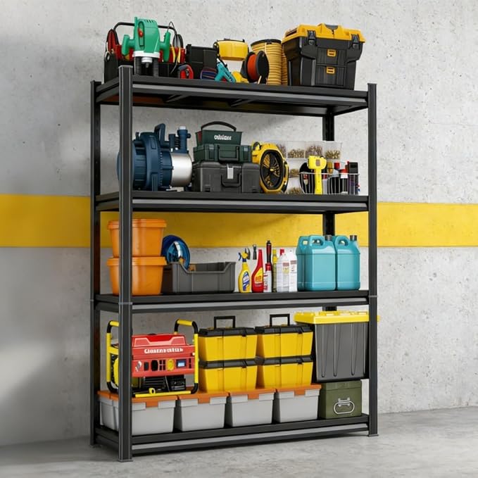 45.3''W Garage Shelving Heavy Duty 4-Tier Adjustable Storage Shelves Unit,2800 LBS Metal Utility Rack Shelf for Industries, Warehouses, Basement,Black (54.3''H x 45.3''W x 15.7''D)