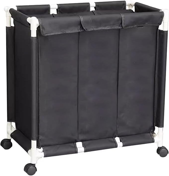 Laundry Sorter 3 Section with Lid 95 L Laundry Hamper with Wheels Reinforced Sealing Multi-Purpose Laundry Basket with Removable Inner Pocket(Black)