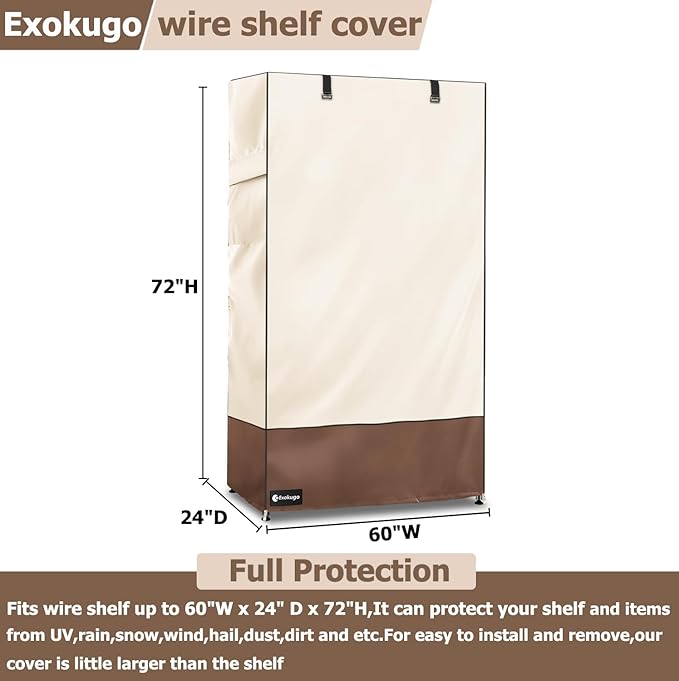 Wire Shelf Cover,600D Heavy Duty 100% Waterproof Shelf Covers for Wire Shelving,Outdoor Storage Shelves Cover for Metal Rack,60" W x 24" D x 72" H,Beige & Brown