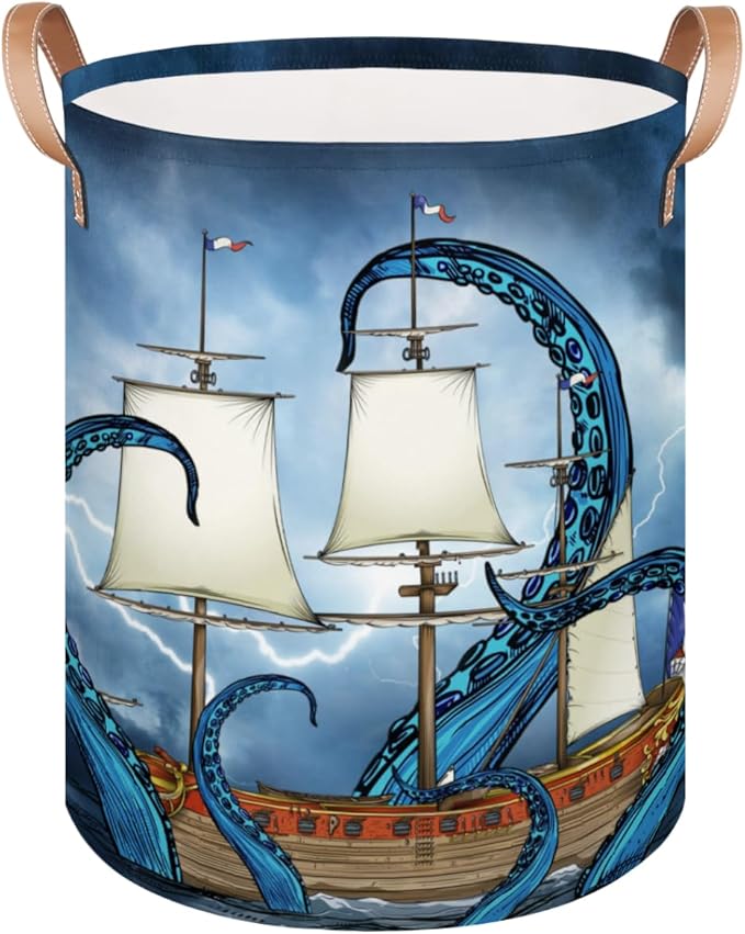 Sea Monster Octopus Collapsible Laundry Basket Large Laundry Hamper Waterproof Storage Bins with Leather Handles Clothes Nursery Hampers for Bathroom Bedroom Toy Organizer, Nautical Theme