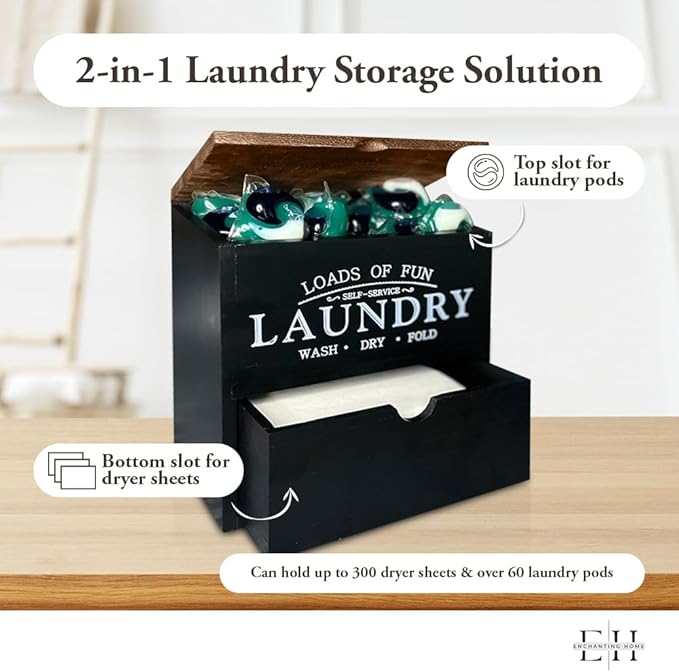Wooden Laundry Pods Container - Multi-Use Laundry Containers for Organizing - Laundry Pod Dispenser - Detergent Pods & Dryer Sheet Container (Black)