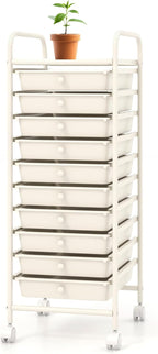 Storage Cart, Rolling Utility Cart with 10 Drawers, Portable Handles & Lockable Wheels, Mobile Paper Toys Storage Organizer Large Capacity for Home Office School Teacher (White)