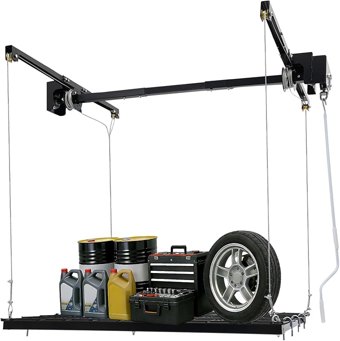 Overhead Garage Storage Rack, 4x4Ft Ceiling Storage Lift 79in Adjustable Height Garage Storage Organization Systerm, Heavy Duty Metal Garages Ceiling Storage Racks, 300lbs Load Capacity (Matte Black)