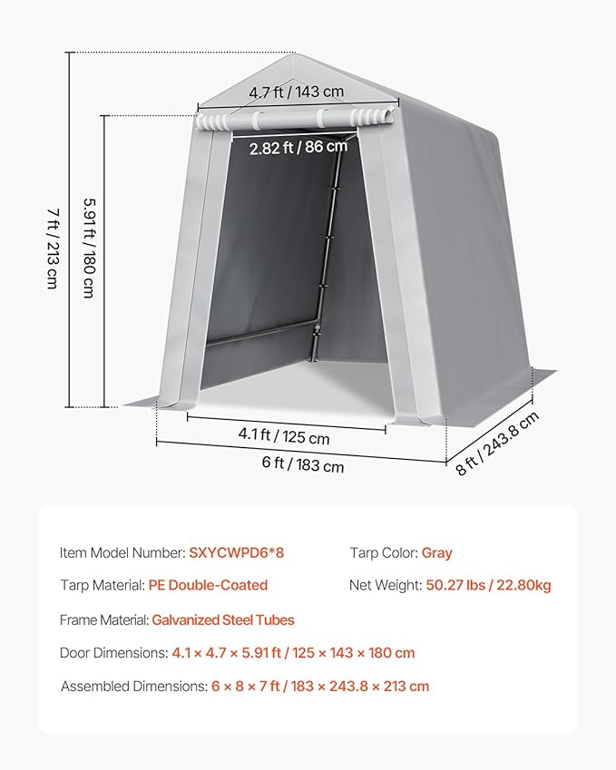 VEVOR 6x8x7 FT Heavy-Duty Portable Outdoor Storage Shed Tent, Waterproof Carport Garage Shelter with Roll-Up Zipper Door & Vents, UV-Resistant Canopy for Motorcycle, Bike, Lawn Mower, Tools, Gray