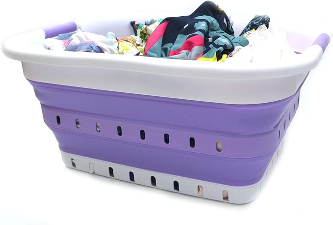 SAMMART 41L Collapsible 3 Handled Plastic Laundry Basket - Foldable Pop Up Storage Container/Organizer - Portable Basket - Space Saving Hamper/Basket (3 handled rectangular, White/Lt. Purple)