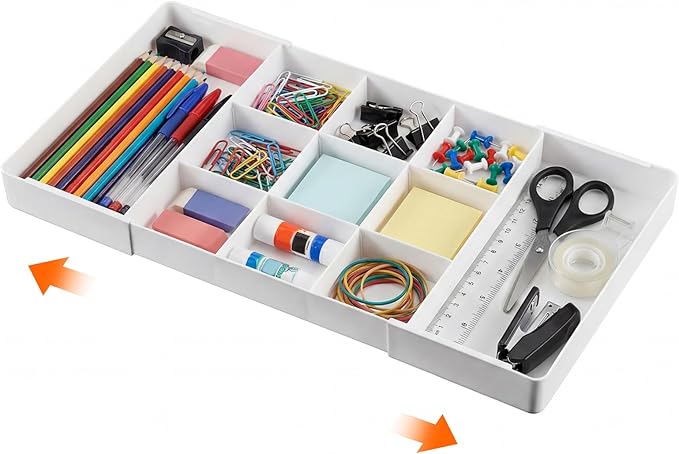 1 Pcs Large Expandable Acrylic Drawer Organizers, Grid Adjustable Drawer, Dividers Organizer for Desk, Makeup, Jewelry, Office, Kitchen Supplies (White,11 Compartments)