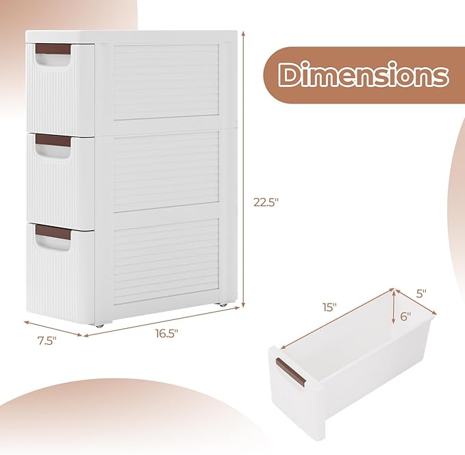 Giantex 3 Drawers Storage Cart, Narrow Plastic Dresser, Rolling Organizer Cart for Office Classroom Bedroom Bathroom Art Craft Supplies, Mobile Slim Utility Cart on Wheels (7.5"x16.5"x22.5")