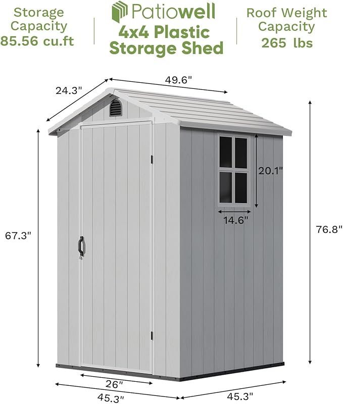 Patiowell 4' x 4' Outdoor Storage Shed with Floor, Plastic Shed Outside Resin Tool Shed with Window and Lockable Door for Backyard Garden Patio Lawn, Light Gray
