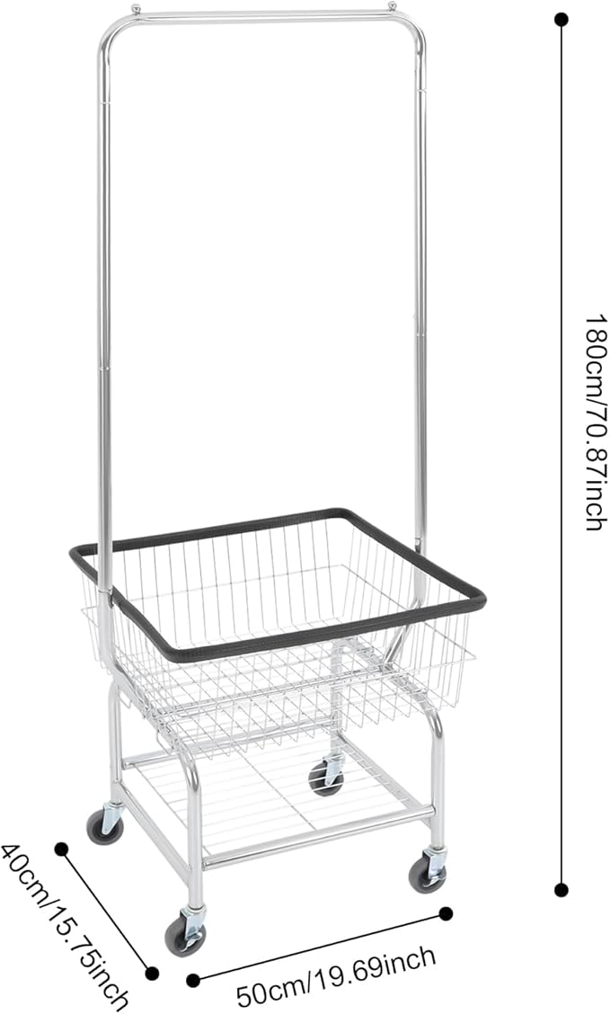 Laundry Cart with Hanging Rack, Metal Laundry Basket with Wheels, Laundry Hamper with Storage Basket & Shoe Rack, Rolling Laundry Hamper Sorter(110LBS Capacity,19.69" x 15.75" x 70.87", Black Trim)