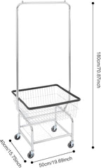 Laundry Cart with Hanging Rack, Metal Laundry Basket with Wheels, Laundry Hamper with Storage Basket & Shoe Rack, Rolling Laundry Hamper Sorter(110LBS Capacity,19.69" x 15.75" x 70.87", Black Trim)