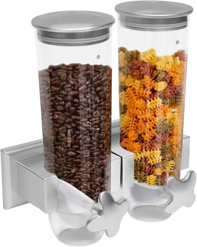 101oz Wall Mount Dry Goods Dispenser, Double-bucket Dry Cereal Dispenser Grain Dispenser Grid Grain Storage Bin Kitchen Storage Organizer, Dry Food Cereal Dispenser For Food Nuts Flour Maker (Silver)