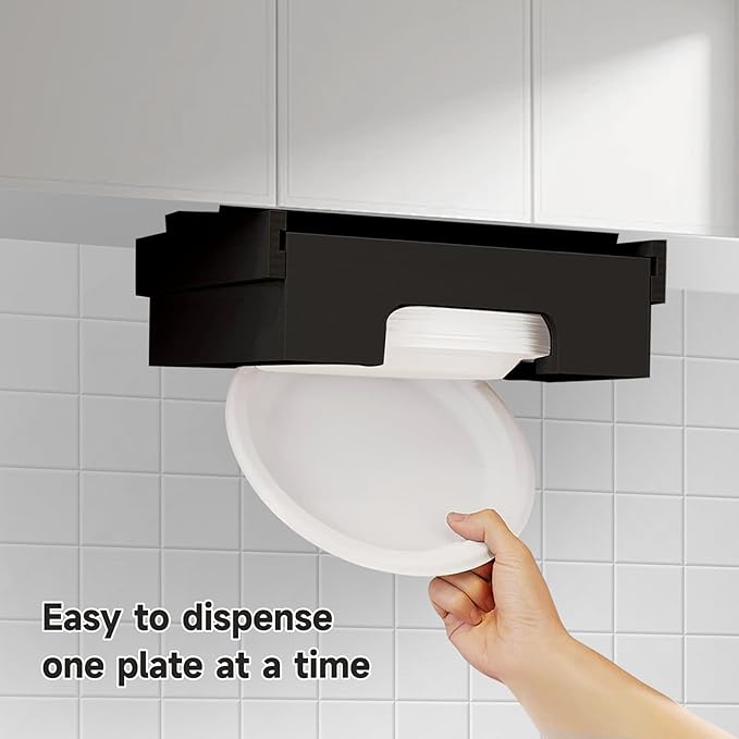 Bamboo Paper Plate Dispenser 9 inch - Wooden Paper Plate Dispenser Under Cabinet, Kitchen Countertop Vertical Plate Holder Organizer Black