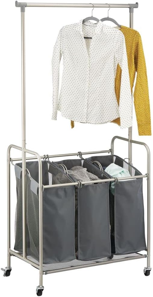 mDesign Portable Laundry Sorter with Wheels and Garment Hanging Bar - Heavy Duty Metal Cart System with 3 Hamper Laundry Sorter Basket Organizers and Drying Rack - Satin/Dark Charcoal Gray