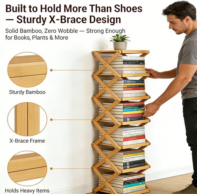 The 9-Tier No-Assembly Bamboo Rack, Foldable Stackable 9 Tier Bamboo Shoe Rack Vertical Storage Sturdy & Stable, Tall Narrow Space-Saving Expandable Shoe Rack for Entryway Closet Dorm (Brown,5 Tiers)