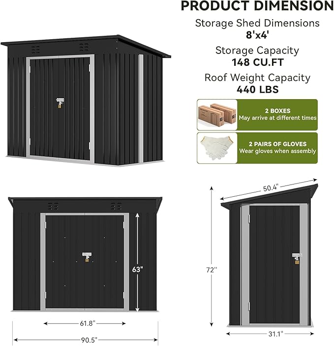 COMHOMA Shed Outdoor Storage Shed Metal,Lockable Doors Tool Sheds with Sloping Roof,Steel Garden Shed with Air Vent for Backyard,Patio,Lawn,Poolside(Grey,8'*4')