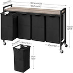 HOOBRO Laundry Sorter 4 Sections, Laundry Hamper with Wheels, 4 × 10.5 Gal (39.8L), Rolling Laundry Basket, Pull-Out and Removable Oxford Fabric Bags, Greige and Black BG04XY01