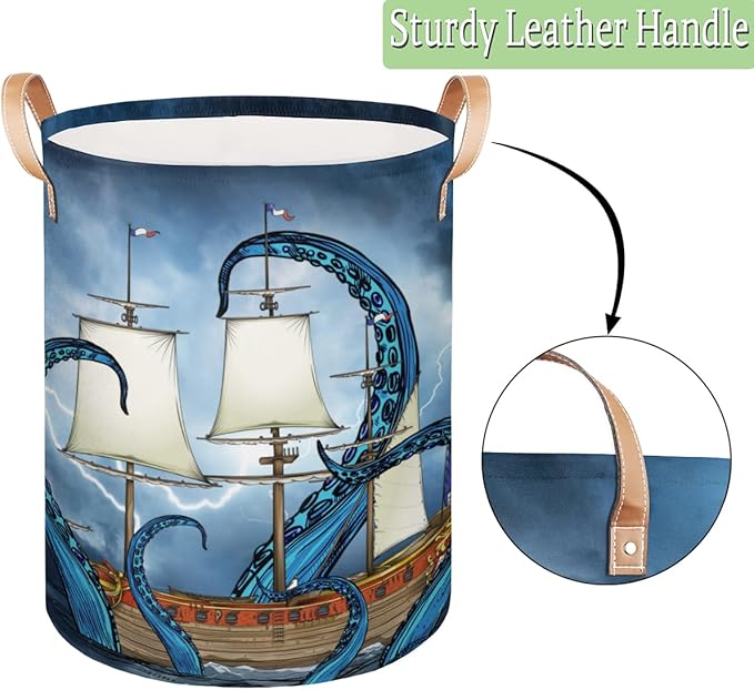 Sea Monster Octopus Collapsible Laundry Basket Large Laundry Hamper Waterproof Storage Bins with Leather Handles Clothes Nursery Hampers for Bathroom Bedroom Toy Organizer, Nautical Theme