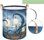 Sea Monster Octopus Collapsible Laundry Basket Large Laundry Hamper Waterproof Storage Bins with Leather Handles Clothes Nursery Hampers for Bathroom Bedroom Toy Organizer, Nautical Theme