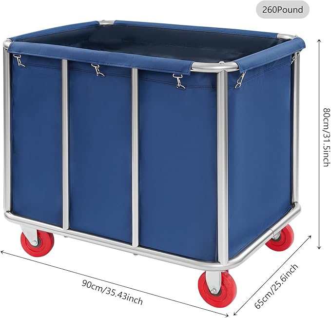 Commercial Laundry Cart with Wheels, Large Heavy Duty Laundry Sorter with Oxford Bag, Laundry Cart for Home Hotel, 260LBS Load (Blue)
