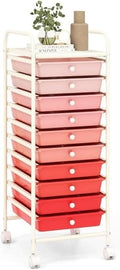 Storage Cart, Rolling Utility Cart with 10 Drawers, Portable Handles & Lockable Wheels, Mobile Paper Toys Storage Organizer Large Capacity for Home Office School Teacher (Gradient Pink)