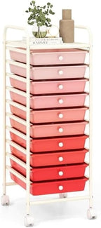 Storage Cart, Rolling Utility Cart with 10 Drawers, Portable Handles & Lockable Wheels, Mobile Paper Toys Storage Organizer Large Capacity for Home Office School Teacher (Gradient Pink)