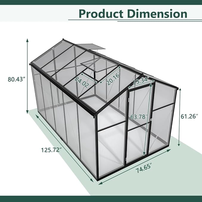 Outdoor Polycarbonate Greenhouse with Aluminum Frame, Walk-in Garden Green House Featuring Lockable Door, Adjustable Roof Vent, and UV-Protected Panels for Backyard or Patio Use (6x10 FT)