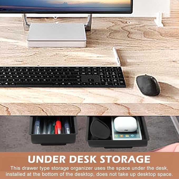 2 Pack Under Desk Drawer Organizer,Plastic Under Desk Storage Drawers Attachment for Home and Office Storage(Black)
