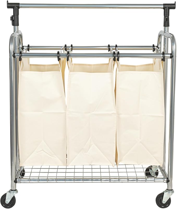 Household Essentials 3-Bag Laundry Sorter with Clothes Rack, Silver, Lightweight, Removable, Sturdy