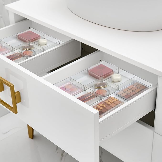 Adjustable Clear Drawer Organizer, Plastic Drawer Divider Tray with Removable 9 Sections for Desk,Bathroom,Office,Makeup,Junk