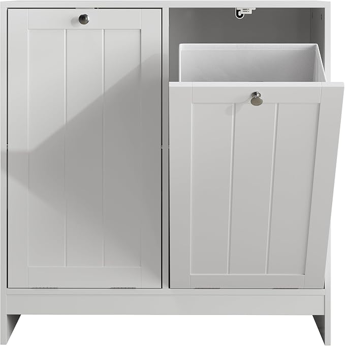 Two-Compartment Tilt-Out Laundry Sorter Cabinet,Bathroom Storage Organize Cabinet with 2 Removable Hamper Clothes Basket (White-B)