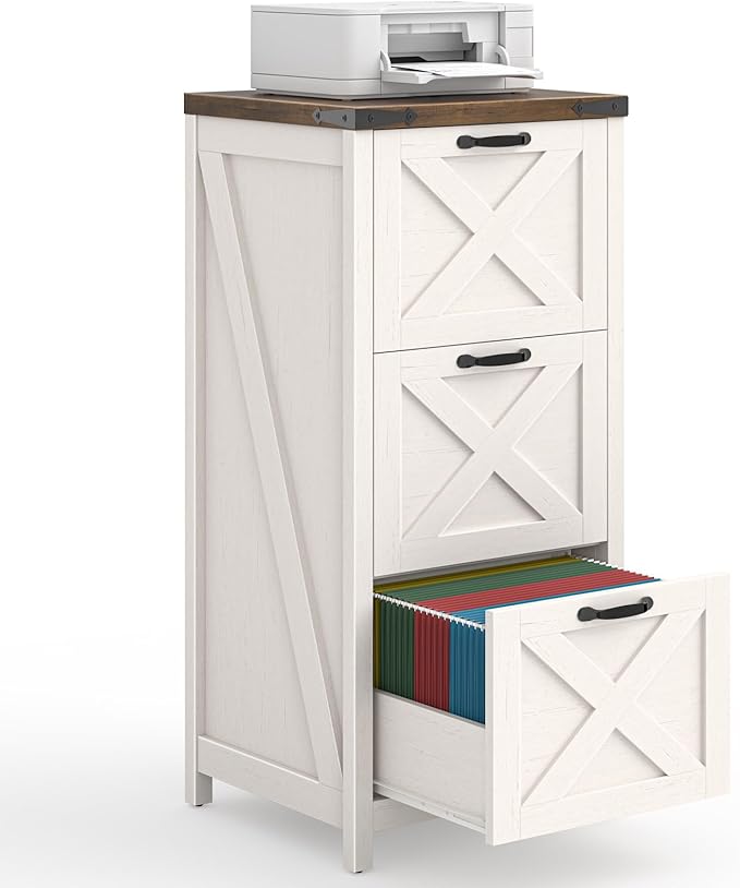 3 Drawer Tall File Cabinet, Farmhouse Vertical Filing Cabinet Fits Letter/A4 Size, Wood File Cabinets Printer Stand for Home Office, Living Room, Rustic White