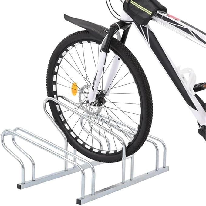 BOWERY HILL Freestanding 3-Bike Rack, Galvanized Steel, Silver Finish, 28.9 x 16.1 x 16.5 in, Space-Saving High-Low Design, Indoor/Outdoor Use, Stable Parking Stand for Garage, Warehouse, School