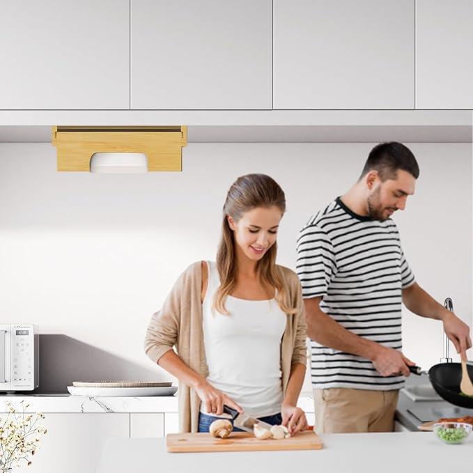 Paper Plate Dispenser Under Cabinet 9 inch Bamboo Paper Plate Dispenser, Kitchen Counter Vertical Holder Organizer Countertop Caddy (9 Inch Natural)