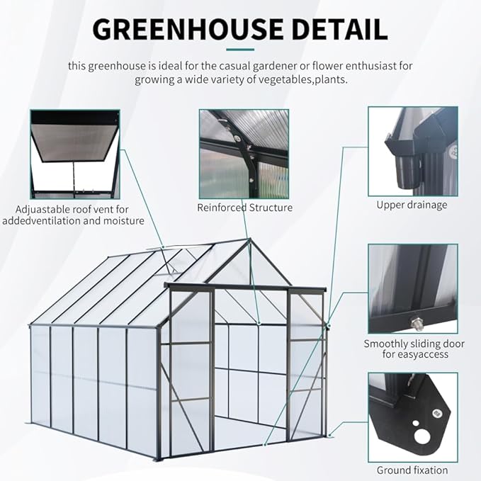 Heavy-Duty Walk-in Polycarbonate Greenhouse with Dual Sliding Doors, Adjustable Roof Ventilation, and Galvanized Steel Base for Year-Round Outdoor Gardening (Black 8*10FT)