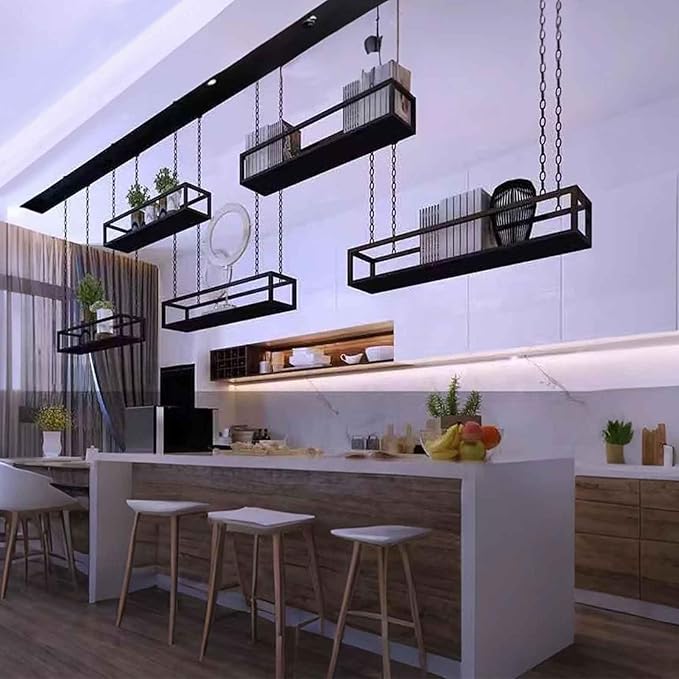 Metal Ceiling Plant Shelf with Ceiling Iron Chain Ceiling Mounted Storage Racks/Shelving for Bars Restaurants Kitchens - Decor Stand/Floating Organizer Shelves(140x25x15cm)
