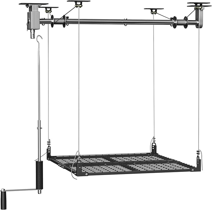 Garage Ceiling Storage Racks,4x4 FT Garage Storage Lift with Secure Lock,Heavyweight Overhead Rack for Easy Up Down,Industrial Elevator System Holds 400 Lbs