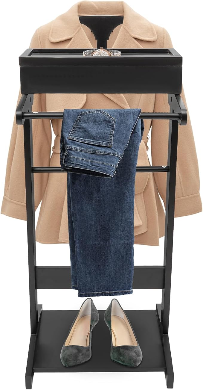 Valet Stand for Man, Suit Clothes Wood Stands, Wooden Coat Hanger Rack with Top Tray, Clothing Rack Organizer with Shoe Rack & Lidded Storage, Freestanding Belt Holder Mens Valet Stand (Black)