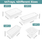 WOWBOX 44 PCS Clear Plastic Drawer Organizer Set, 5 Varied Size storage Bins and Desk Drawer Organizer Tool Trays for Makeup, Gadgets, Jewelry and Utensils in Bathroom, Bedroom and Office, Clear