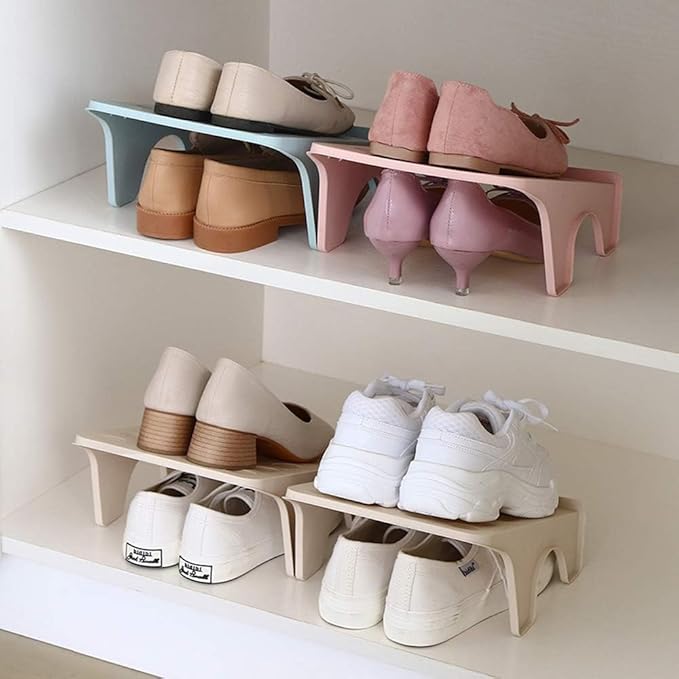 4 Pcs Stacking Shoe Organizer for Shelf 10 x 8.7 in – Double Layer Space Saving Shoe Dividers for Shelves – Footwear Riser for Heels Under 4.7", Sneakers & Flats Storage for Small Closets, Dorms, Apts
