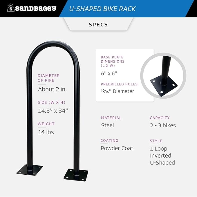 Sandbaggy In Ground Bike Rack | U Shaped, Commercial, Outdoor, 1 Loop, Steel | Black, 14.5" x 34" (2)