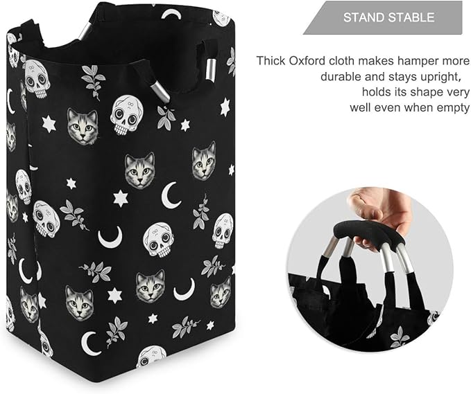Gothic Moon Skull Cat Laundry Basket for College Dorm,50L Collapsible Portable Laundry Hamper Storage Basket for Toys Clothes Organizer