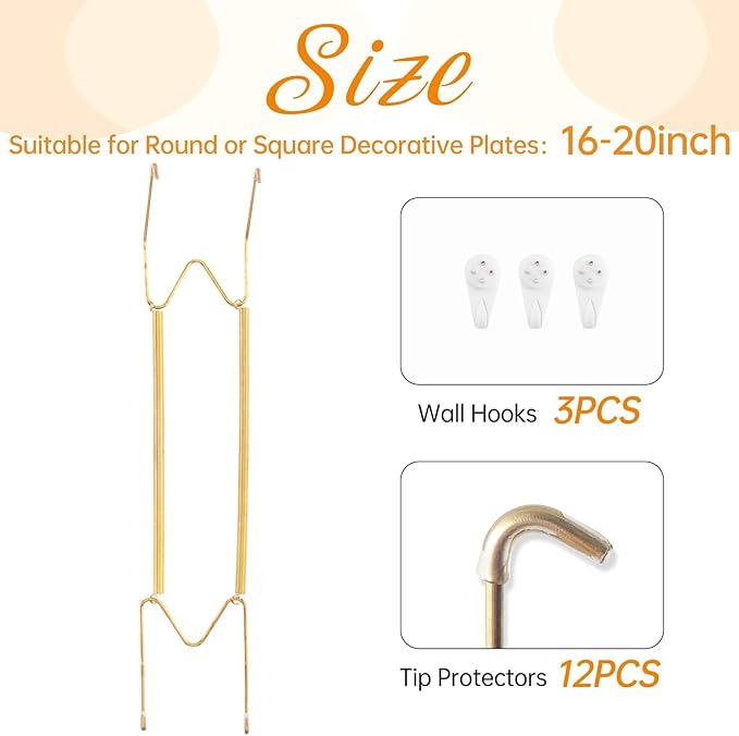 3 Pack Plate Hangers for The Wall, Suitable for 16-20 inch Art Plate, Stainless Steel Invisible Heavy Duty Wire Plate Holder with Wall Hooks, Plate Hangers for Displaying Plates, Platter, Dish, Gold