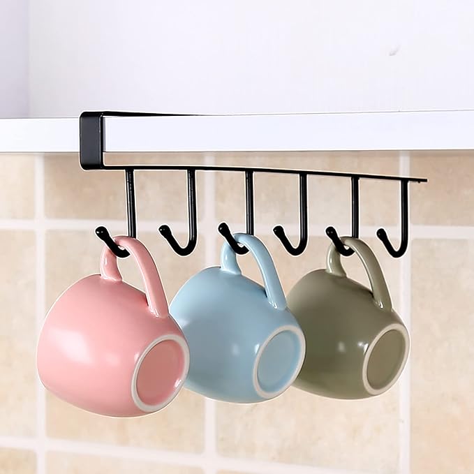 1 Pack Hanging Hooks Rack Under Cupboard Cabinet Cup Holder 6 Hooks Drilling Free Coffee Mug Holder Kitchen Utensil Storage Organizer Hook Rack (Black)